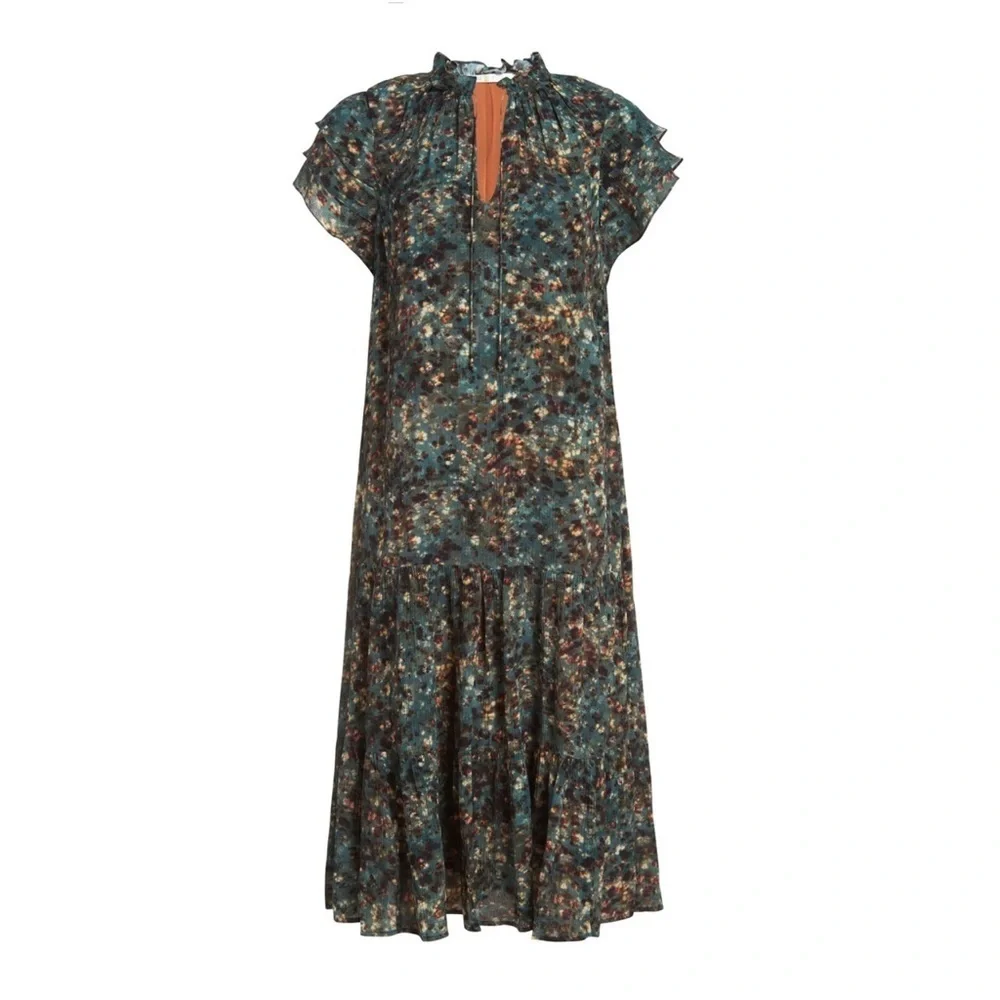 Marie Oliver || Reid Midi‎ Dress in Sapphire Reef Silk Blend Green Small